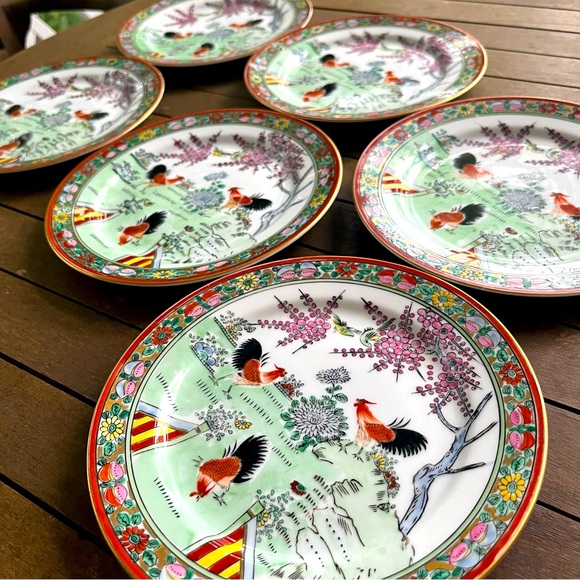 Set of 6 Vintage Oriental Hand Painted Rooster Plates with Cherry Blossoms